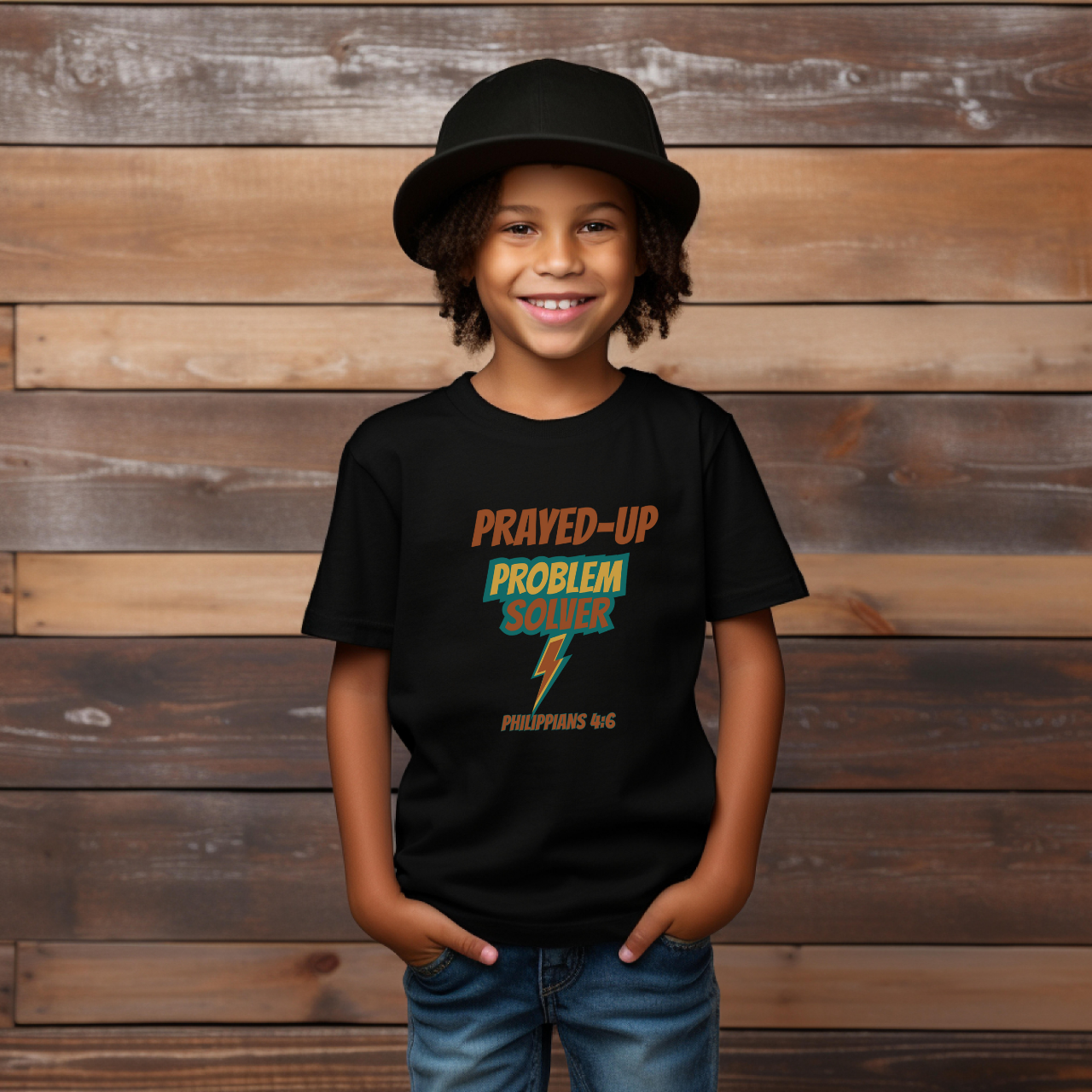 Prayed-Up Problem Solver Youth T-Shirt – Bible Verse Philippians 4:6 Christian Bold Retro Lightning Back-to-School Tee