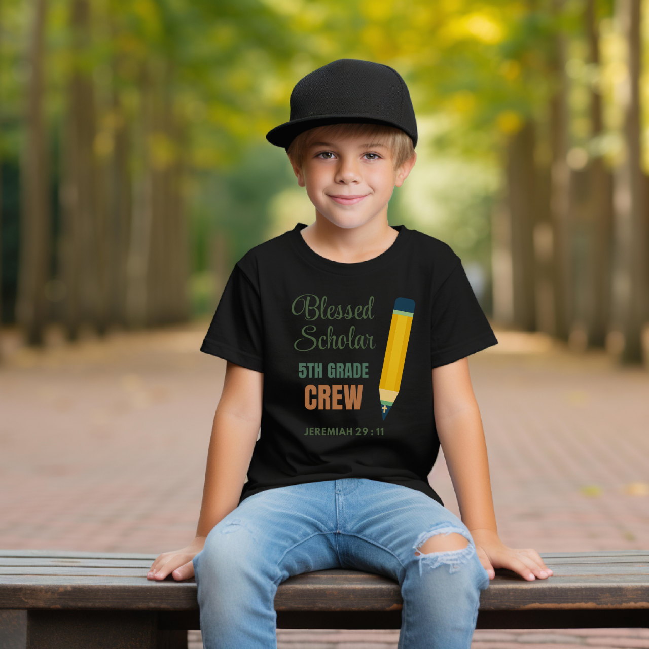 Blessed Scholar 5th Grade Crew Youth T-Shirt – Bible Verse Jeremiah 29:11 Christian Back-to-School Pencil Design Tee