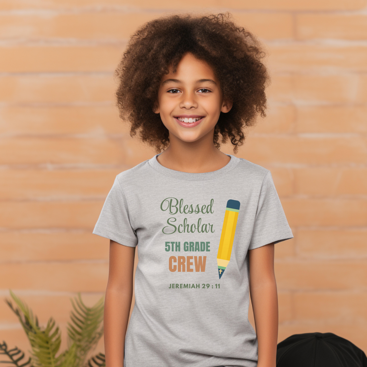 Blessed Scholar 5th Grade Crew Youth T-Shirt – Bible Verse Jeremiah 29:11 Christian Back-to-School Pencil Design Tee