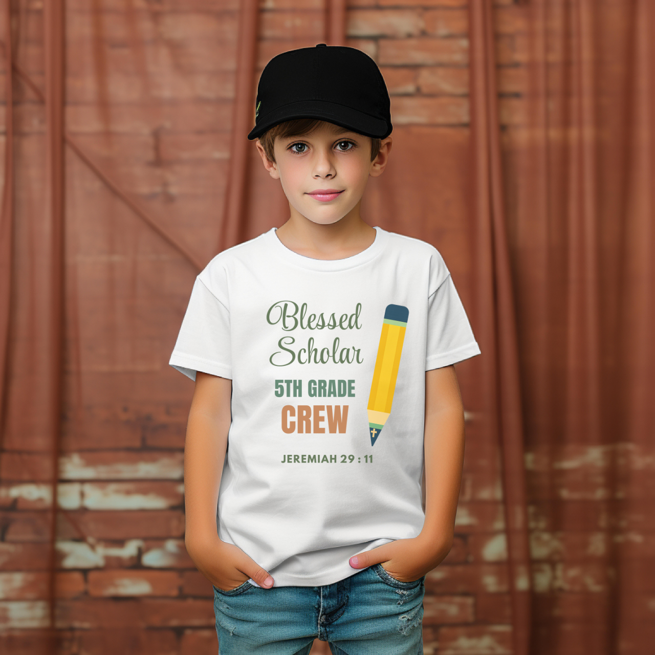 Blessed Scholar 5th Grade Crew Youth T-Shirt – Bible Verse Jeremiah 29:11 Christian Back-to-School Pencil Design Tee