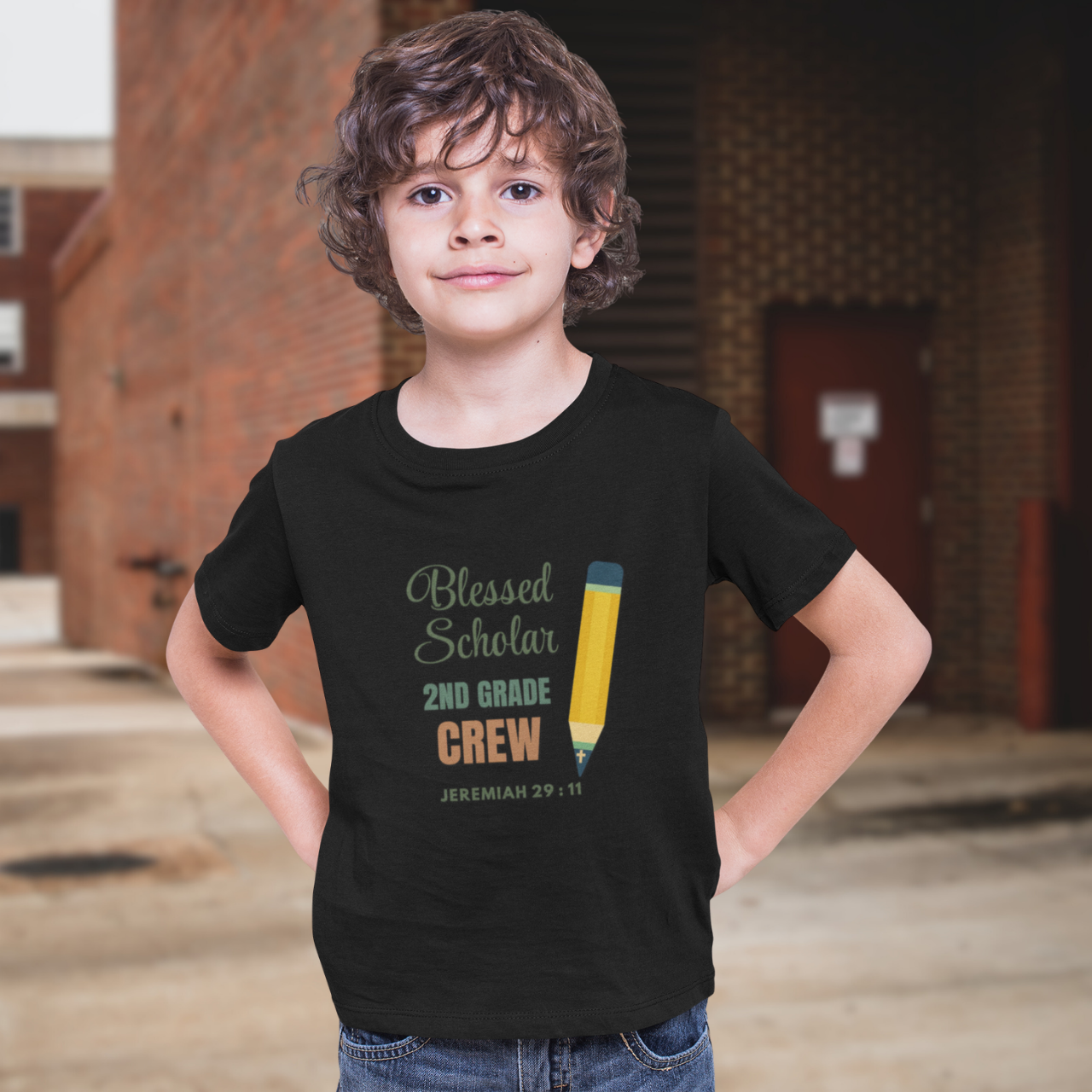 Blessed Scholar 2nd Grade Crew Youth T-Shirt – Bible Verse Jeremiah 29:11 Christian Back-to-School Pencil Design Tee
