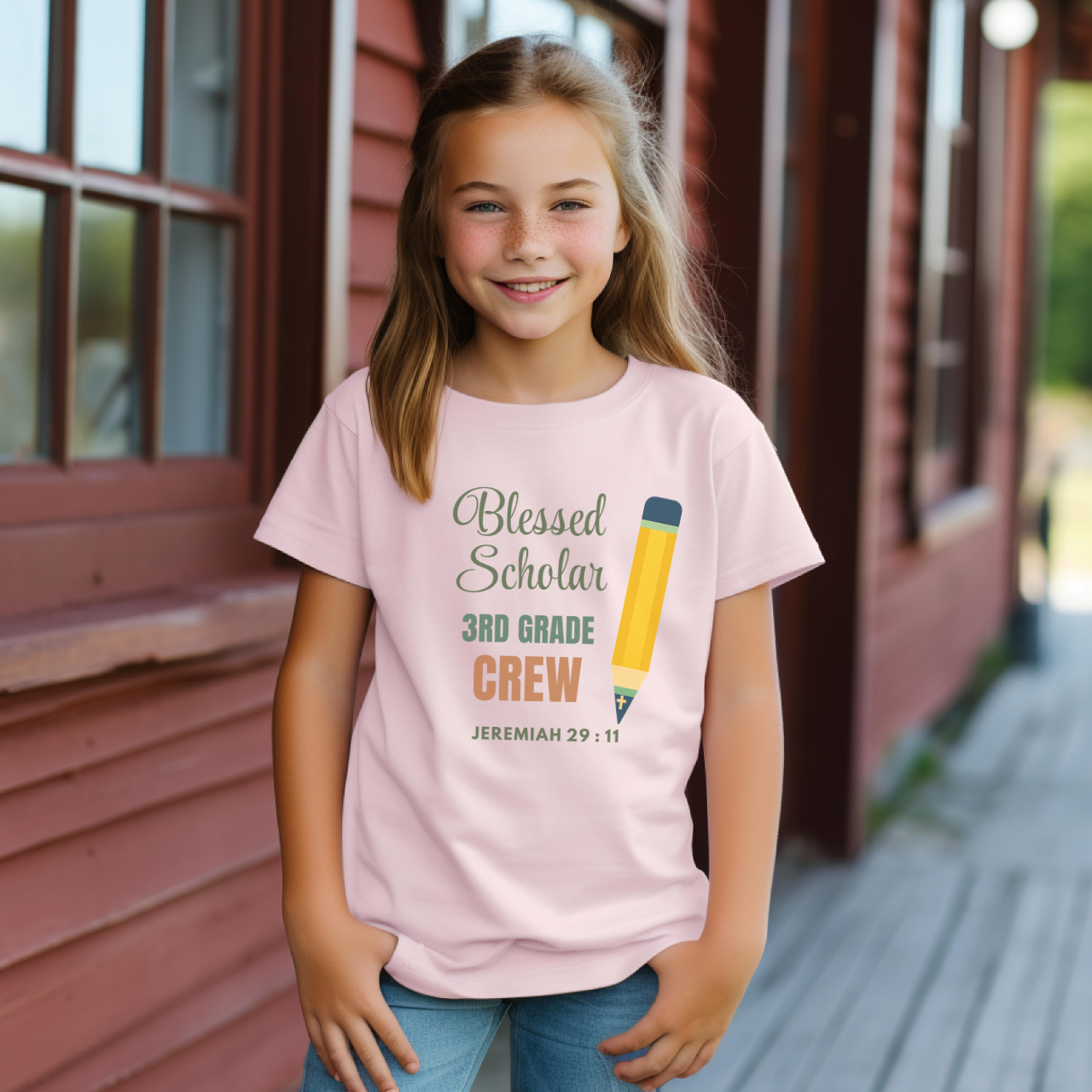 Blessed Scholar 3rd Grade Crew Youth T-Shirt – Bible Verse Jeremiah 29:11 Christian Back-to-School Pencil Design Tee
