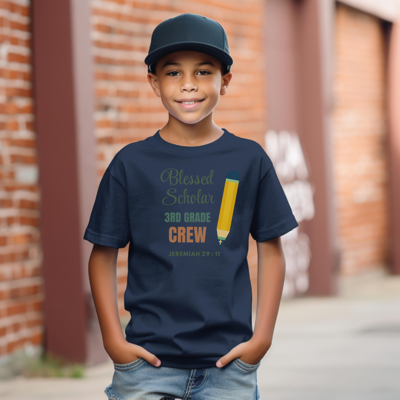 Blessed Scholar 3rd Grade Crew Youth T-Shirt – Bible Verse Jeremiah 29:11 Christian Back-to-School Pencil Design Tee