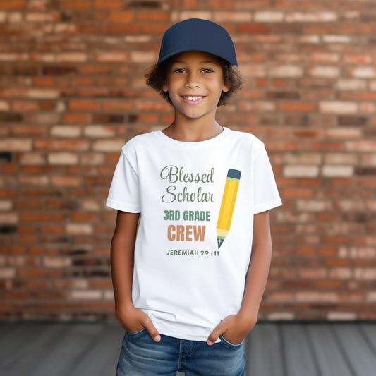 Blessed Scholar 3rd Grade Crew Youth T-Shirt – Bible Verse Jeremiah 29:11 Christian Back-to-School Pencil Design Tee