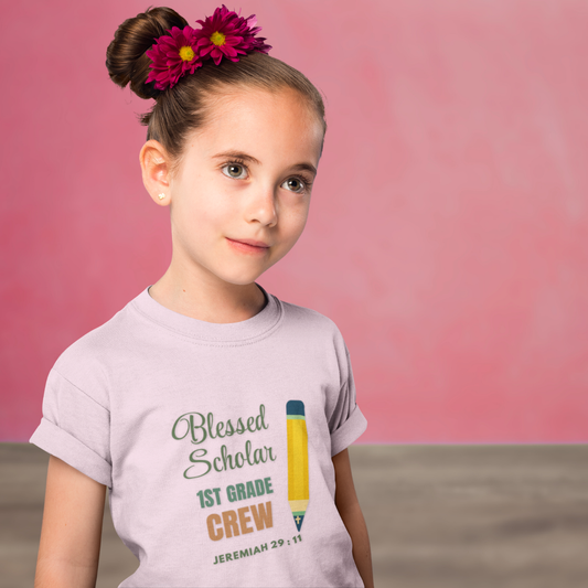 Blessed Scholar 1st Grade Crew Youth T-Shirt – Bible Verse Jeremiah 29:11 Christian Back-to-School Tee, Pencil Design
