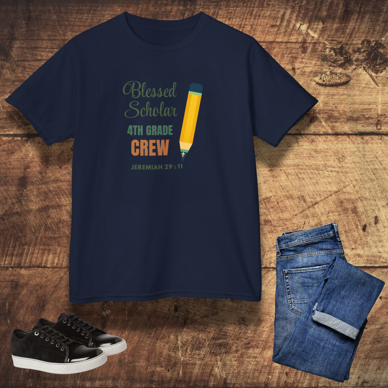Blessed Scholar 4th Grade Crew Youth T-Shirt – Bible Verse Jeremiah 29:11 Christian Back-to-School Pencil Design Tee