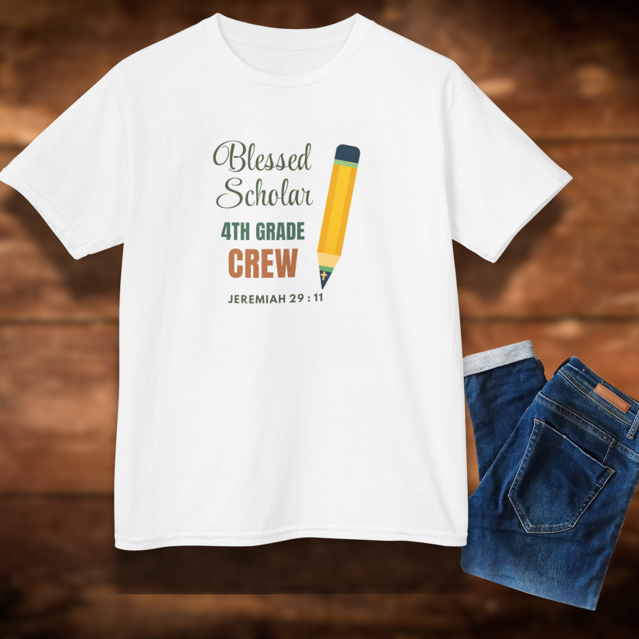 Blessed Scholar 4th Grade Crew Youth T-Shirt – Bible Verse Jeremiah 29:11 Christian Back-to-School Pencil Design Tee