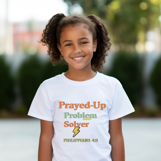Prayed-Up Problem Solver Youth T-Shirt – Philippians 4:6 Christian Back-to-School Bubble Retro Design Tee