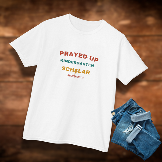 Prayed-Up Kindergarten Scholar Youth T-Shirt – Bible Verse Proverbs 1:5 Christian Back-to-School Tee, Faith-Based Lightning Design
