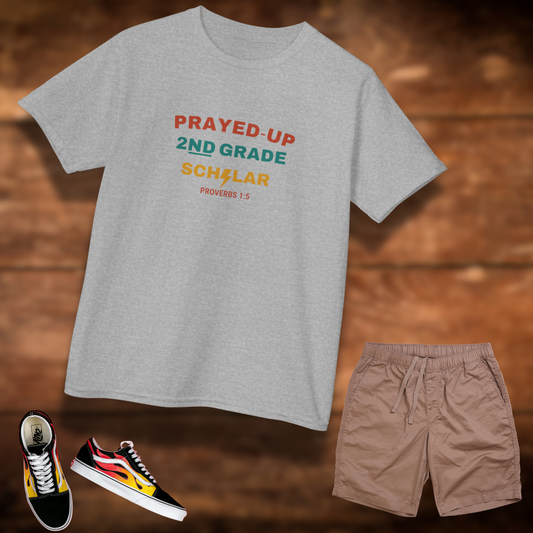 Prayed-Up 2nd Grade Scholar Youth T-Shirt – Bible Verse Proverbs 1:5 Christian Back-to-School Tee, Faith-Based Lightning Design
