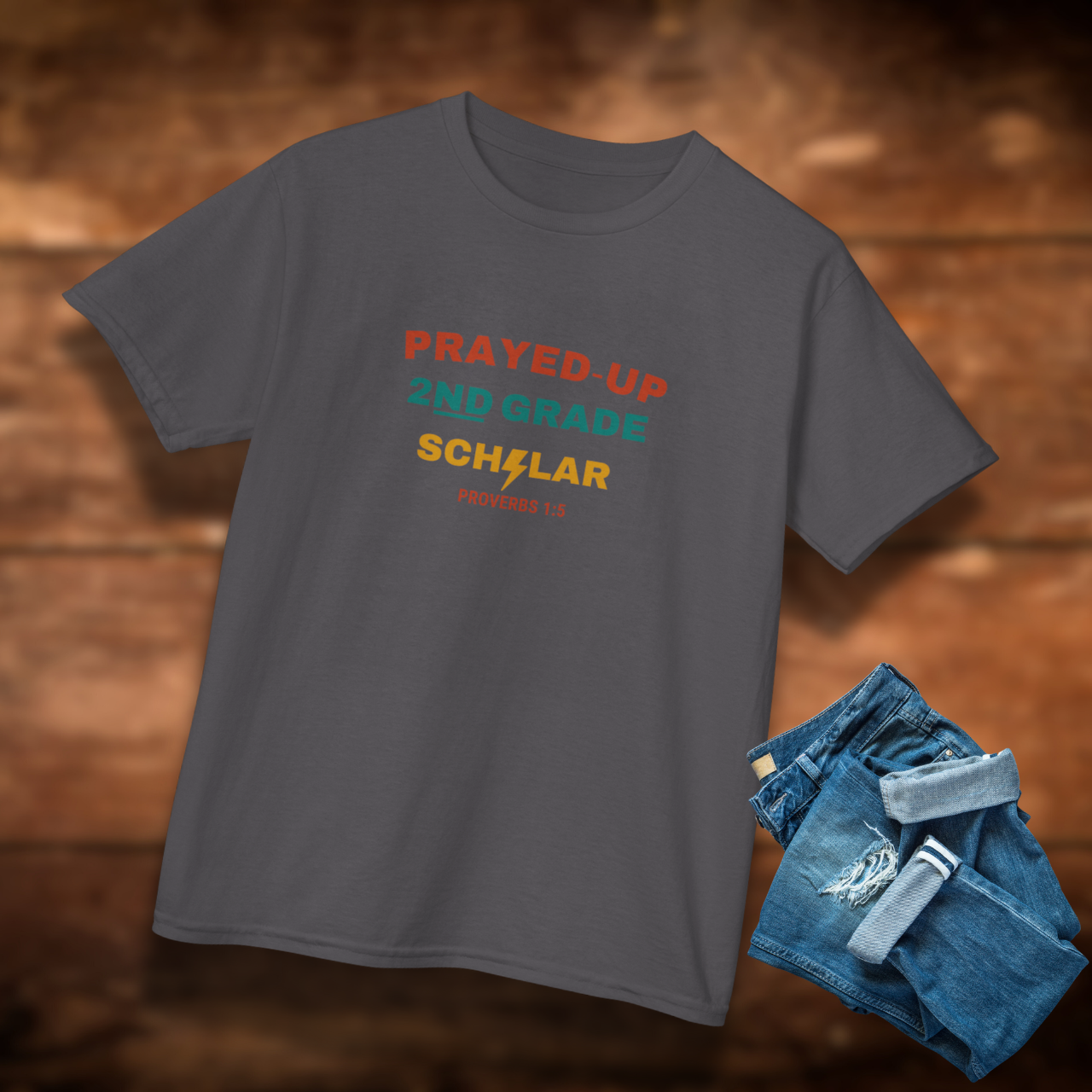 Prayed-Up 2nd Grade Scholar Youth T-Shirt – Bible Verse Proverbs 1:5 Christian Back-to-School Tee, Faith-Based Lightning Design