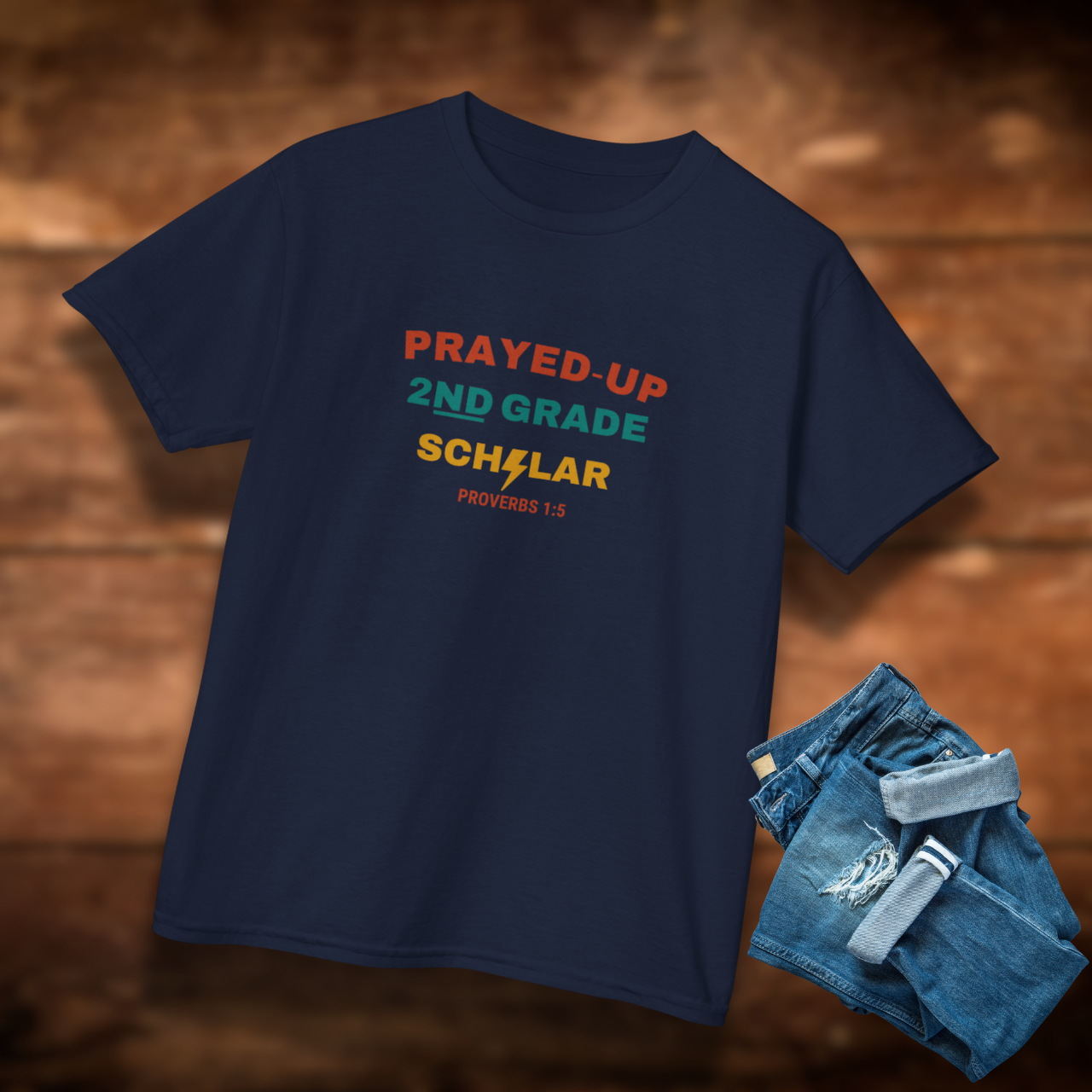 Prayed-Up 2nd Grade Scholar Youth T-Shirt – Bible Verse Proverbs 1:5 Christian Back-to-School Tee, Faith-Based Lightning Design