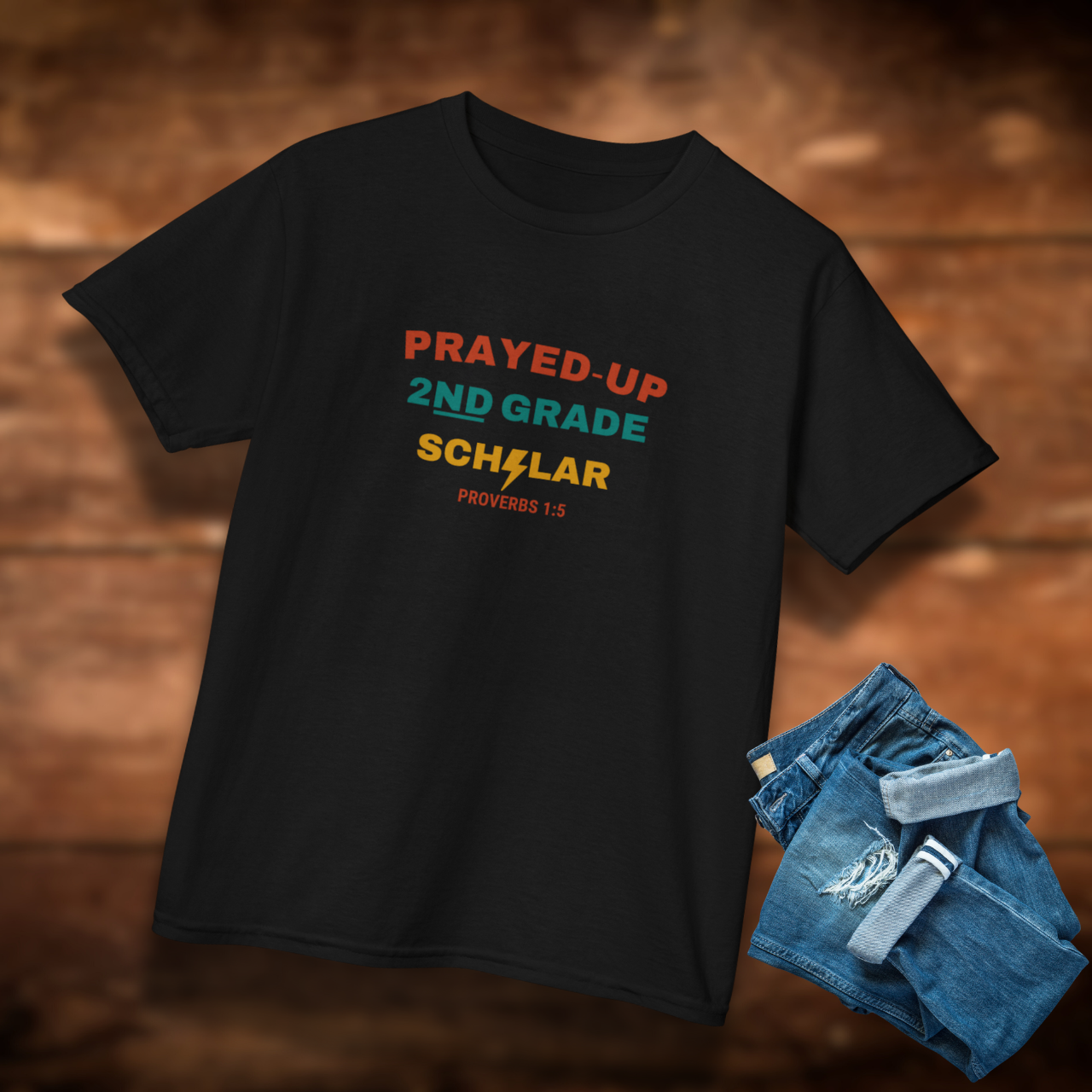Prayed-Up 2nd Grade Scholar Youth T-Shirt – Bible Verse Proverbs 1:5 Christian Back-to-School Tee, Faith-Based Lightning Design