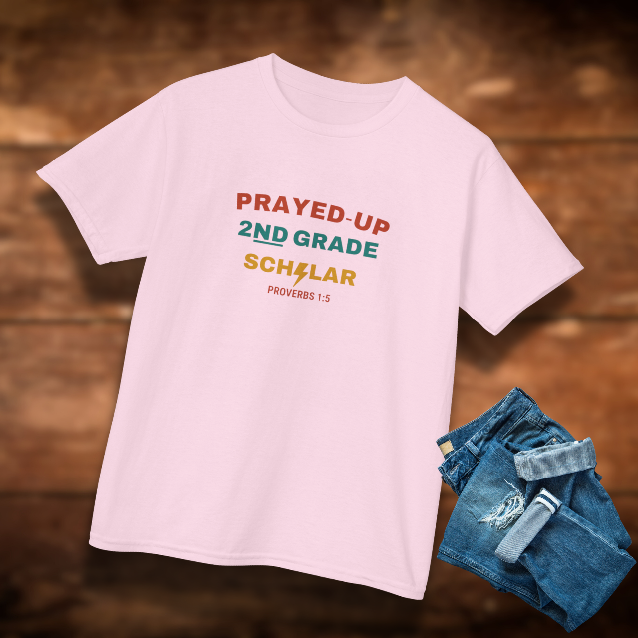 Prayed-Up 2nd Grade Scholar Youth T-Shirt – Bible Verse Proverbs 1:5 Christian Back-to-School Tee, Faith-Based Lightning Design