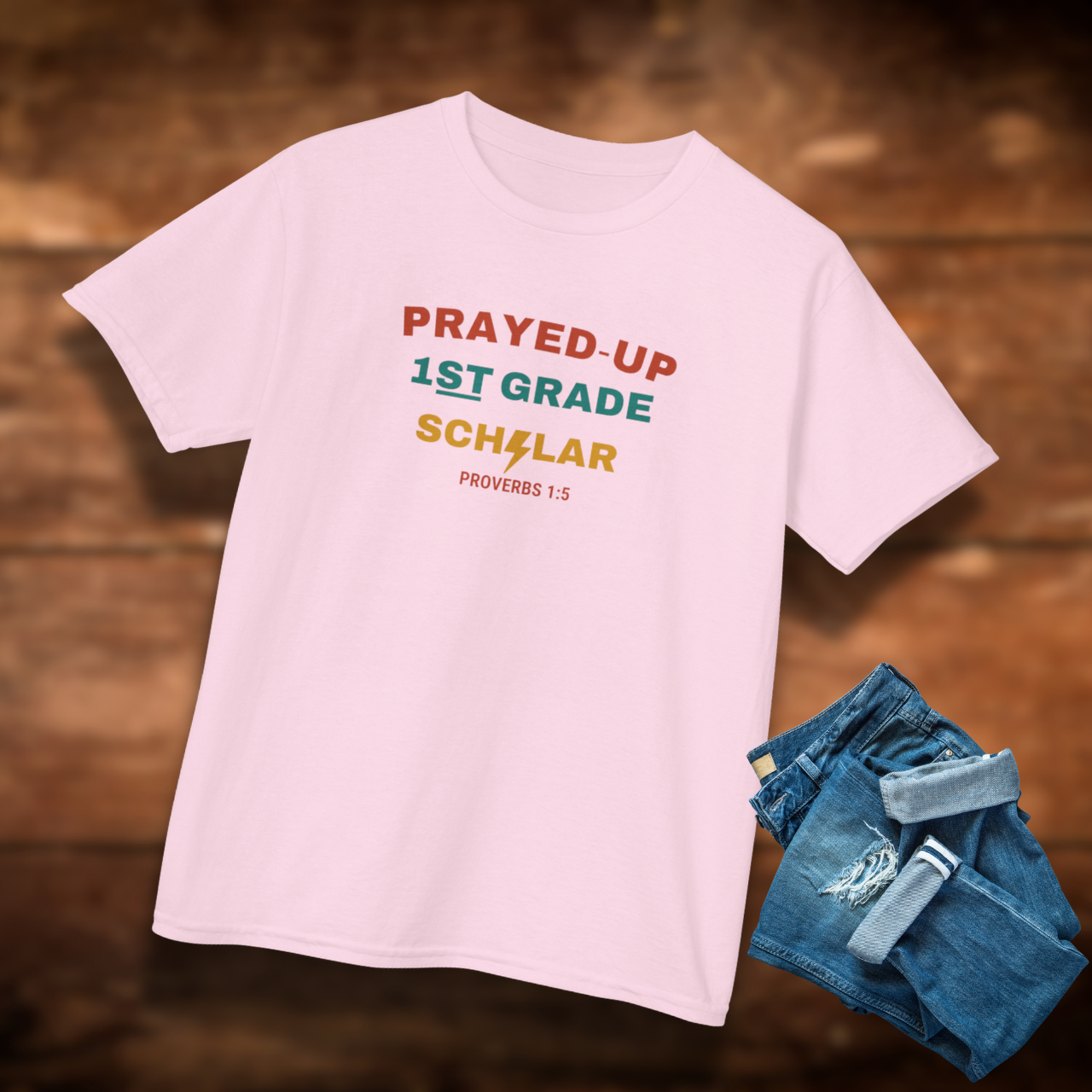 Prayed-Up 1st Grade Scholar Youth T-Shirt – Bible Verse Proverbs 1:5 Christian Back-to-School Tee, Faith-Based Lightning Design