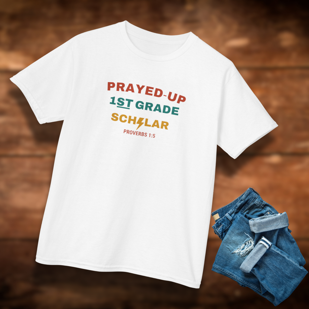 Prayed-Up 1st Grade Scholar Youth T-Shirt – Bible Verse Proverbs 1:5 Christian Back-to-School Tee, Faith-Based Lightning Design