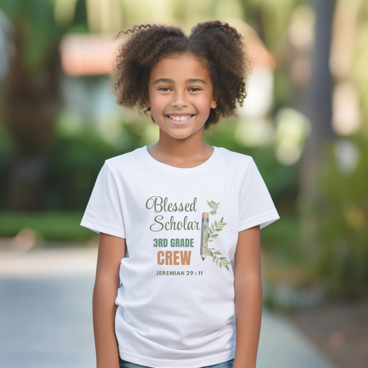 Blessed Scholar 3rd Grade Crew Youth T-Shirt – Jeremiah 29:11 Christian Back-to-School Tee