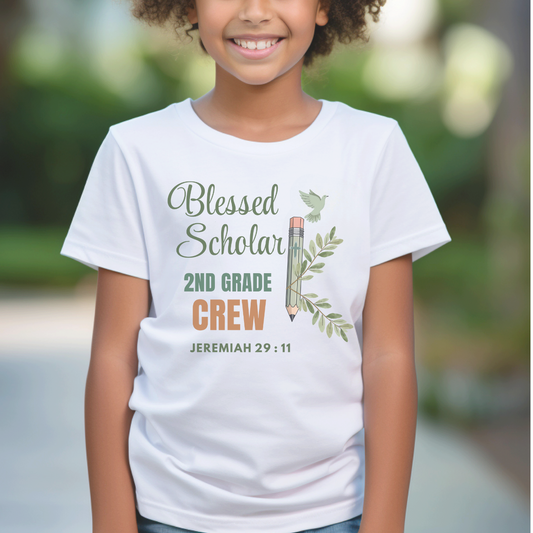 Blessed Scholar 2nd Grade Crew Youth T-Shirt – Jeremiah 29:11 Christian Back-to-School Tee