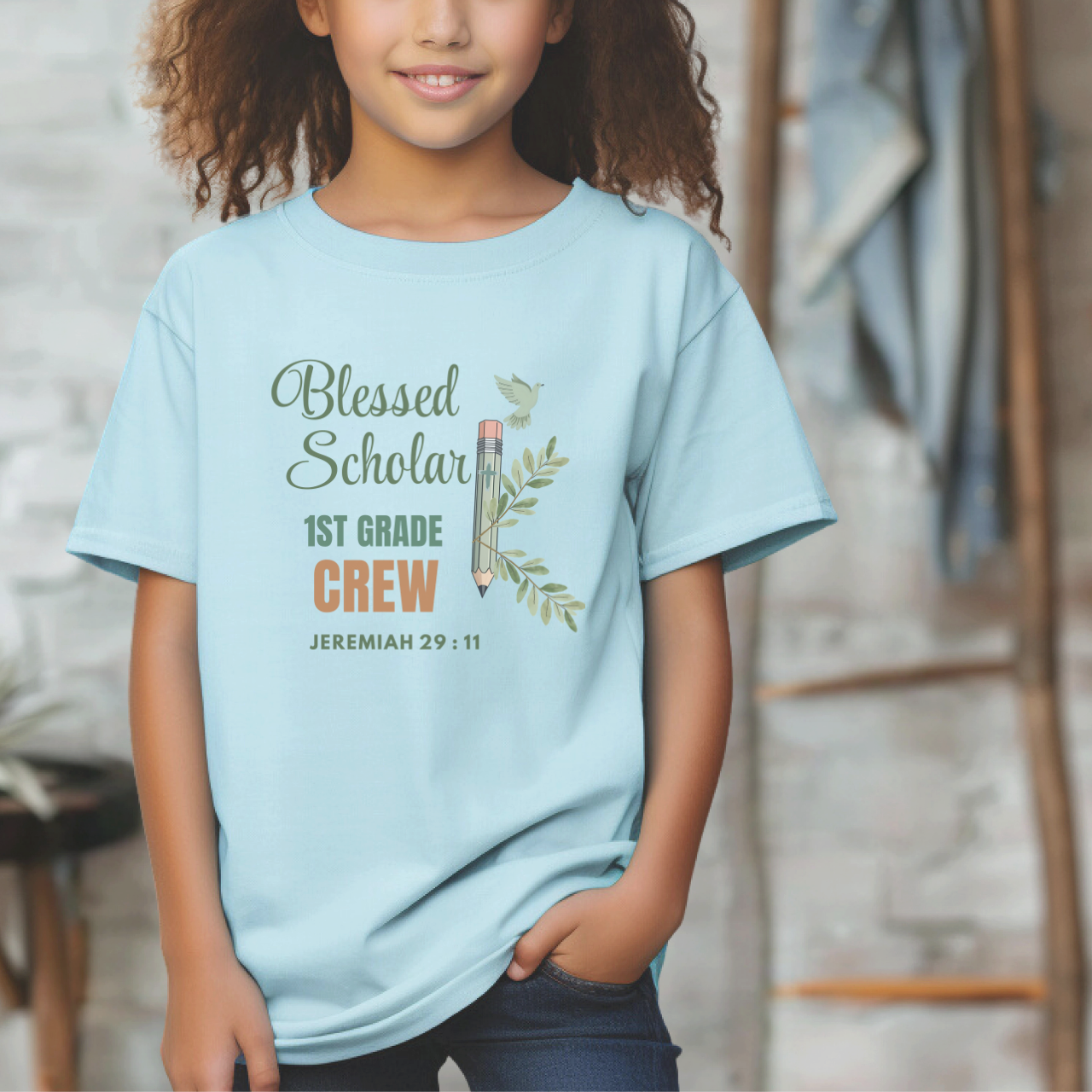 Blessed Scholar 1st Grade Crew Youth T-Shirt – Jeremiah 29:11 Christian Back-to-School Tee