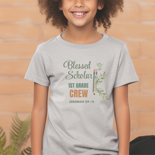 Blessed Scholar 1st Grade Crew Youth T-Shirt – Jeremiah 29:11 Christian Back-to-School Tee