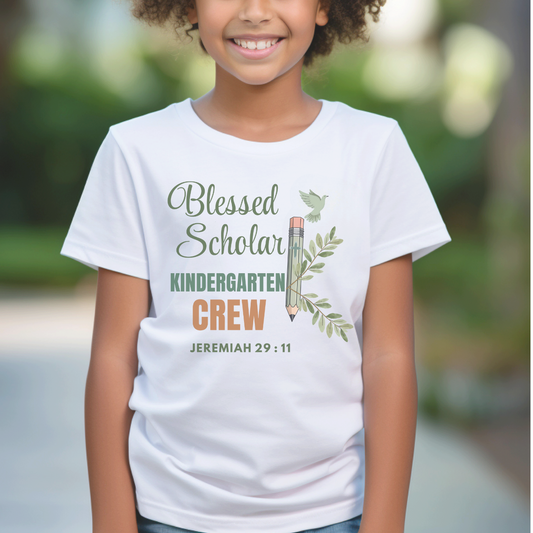 Blessed Scholar Kindergarten Crew Youth T-Shirt – Jeremiah 29:11 Christian Back-to-School Tee
