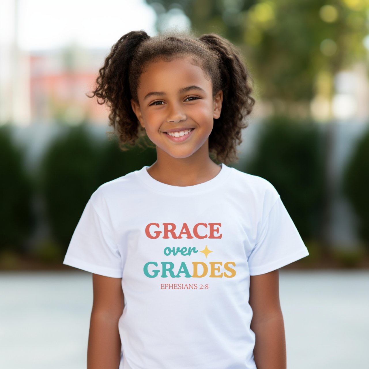 Grace Over Grades Youth T-Shirt – Ephesians 2:8 Christian Back-to-School Bible Verse Tee
