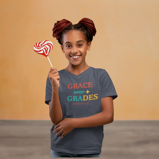 Grace Over Grades Youth T-Shirt – Ephesians 2:8 Christian Back-to-School Bible Verse Tee