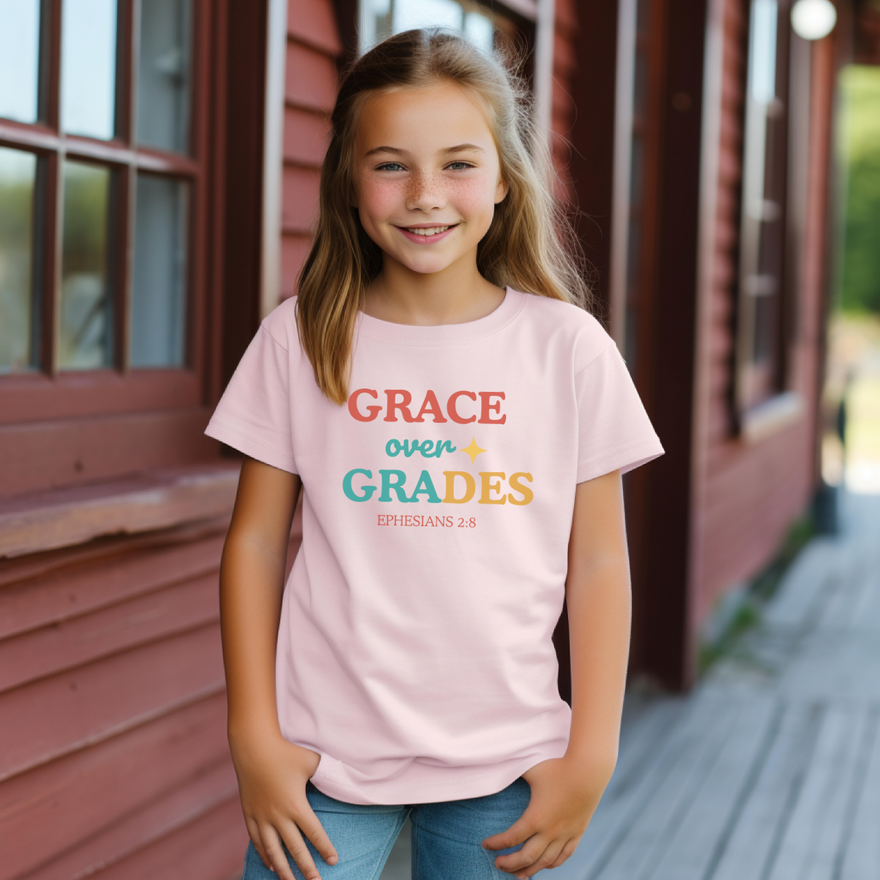 Grace Over Grades Youth T-Shirt – Ephesians 2:8 Christian Back-to-School Bible Verse Tee