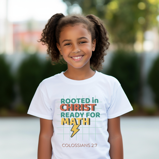 Rooted in Christ Ready for Math Youth T-Shirt – Colossians 2:7 Bible Verse Christian Back-to-School Tee