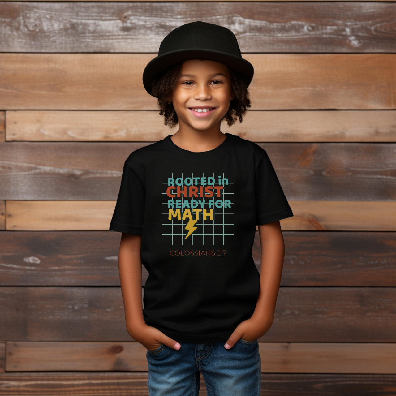 Rooted in Christ Ready for Math Youth T-Shirt– Colossians 2:7 Bible Verse Christian Back-to-School Tee