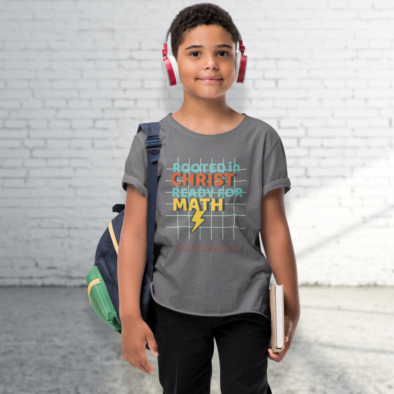 Rooted in Christ Ready for Math Youth T-Shirt– Colossians 2:7 Bible Verse Christian Back-to-School Tee