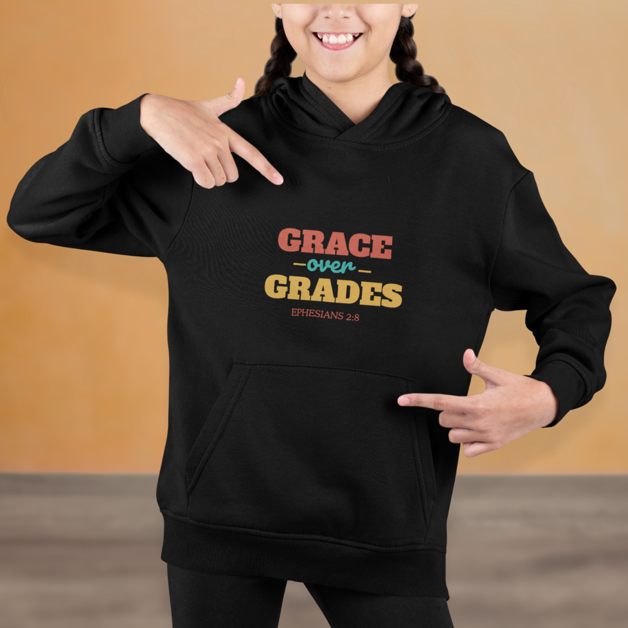 Grace Over Grades Youth Hooded Sweatshirt – Bible Verse Ephesians 2:8 Christian Back-to-School Retro Design