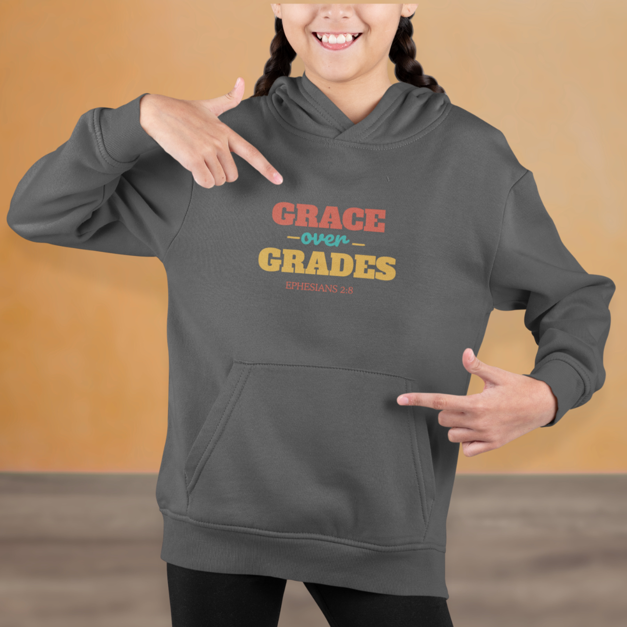 Grace Over Grades Youth Hooded Sweatshirt – Bible Verse Ephesians 2:8 Christian Back-to-School Retro Design