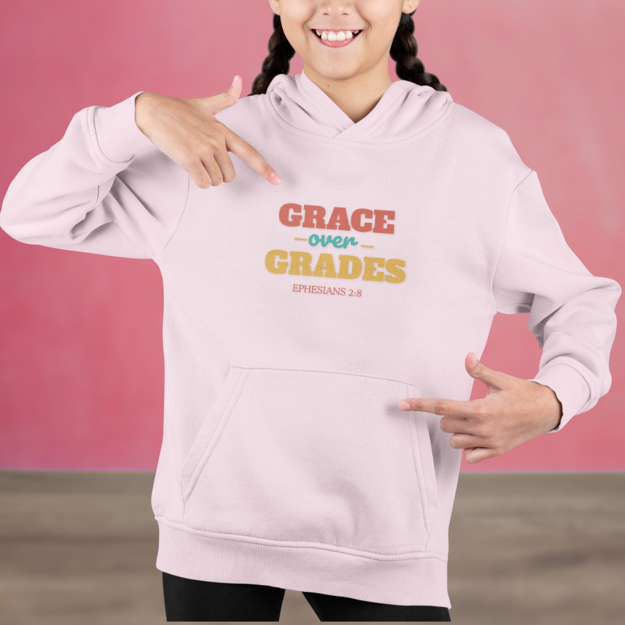 Grace Over Grades Youth Hooded Sweatshirt – Bible Verse Ephesians 2:8 Christian Back-to-School Retro Design