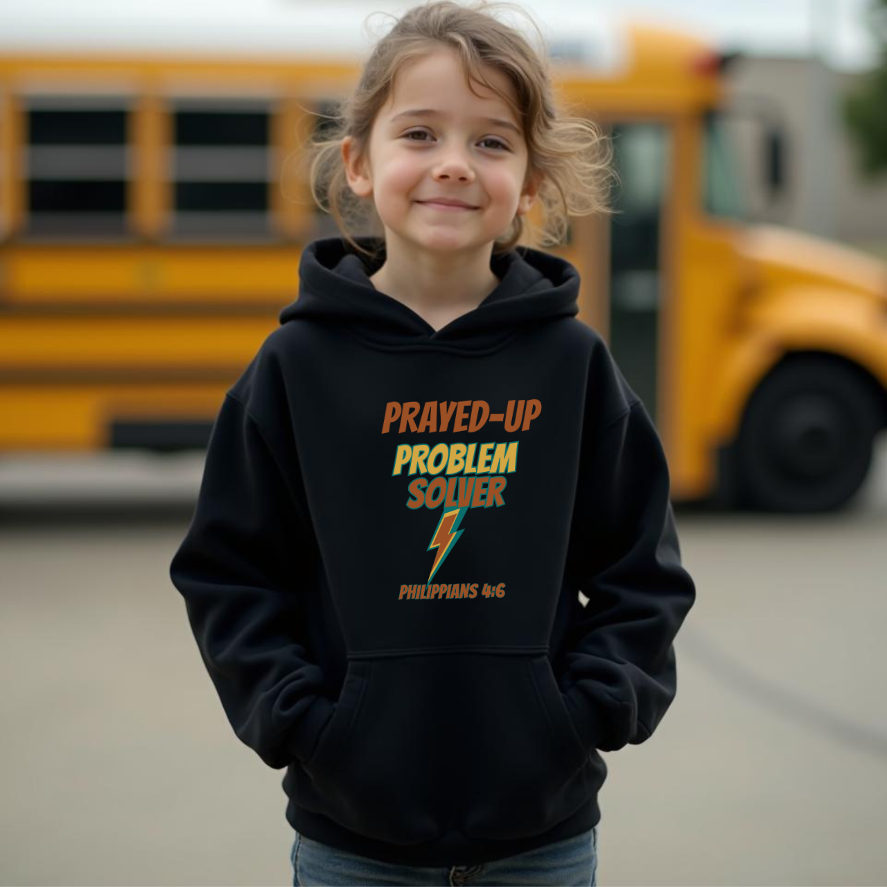 Prayed-Up Problem Solver Youth Hooded Sweatshirt – Lightning Bolt Retro Design – Bible Verse Philippians 4:6 Christian Back-to-School Hoodie