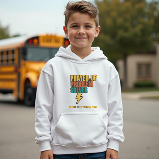 Prayed-Up Problem Solver Youth Hooded Sweatshirt – Block Retro Design – Bible Verse Philippians 4:6 Christian Back-to-School Hoodie