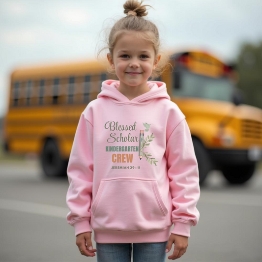 Blessed Scholar Kindergarten Crew Youth Hooded Sweatshirt – Bible Verse Jeremiah 29:11 Christian Back-to-School Pencil Design