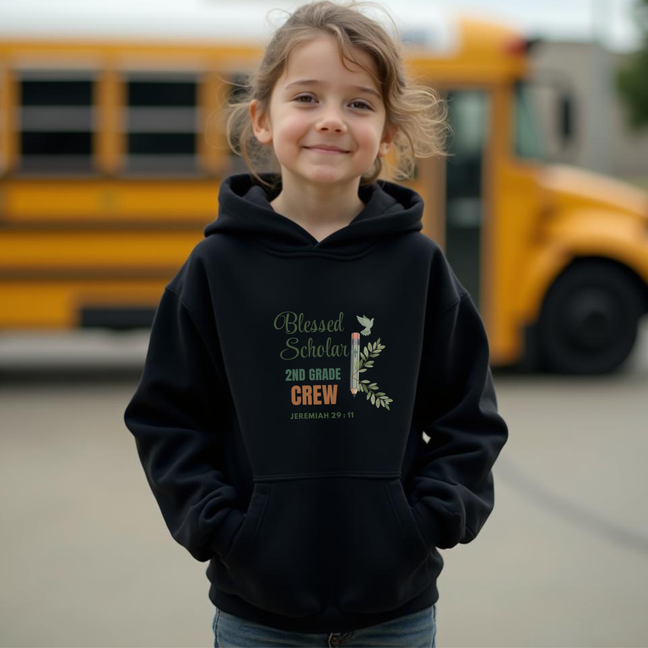 Blessed Scholar 2nd Grade Crew Youth Hooded Sweatshirt – Bible Verse Jeremiah 29:11 Christian Back-to-School Pencil Design