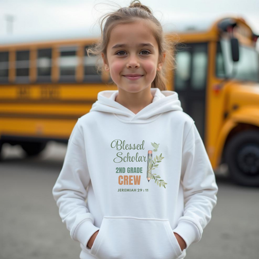 Blessed Scholar 2nd Grade Crew Youth Hooded Sweatshirt – Bible Verse Jeremiah 29:11 Christian Back-to-School Pencil Design