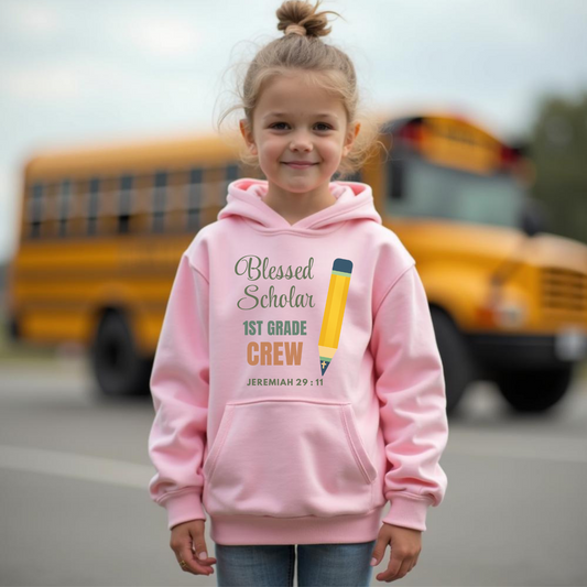 Blessed Scholar 1st Grade Crew Youth Hooded Sweatshirt – Bible Verse Jeremiah 29:11 Christian Back-to-School Pencil Design