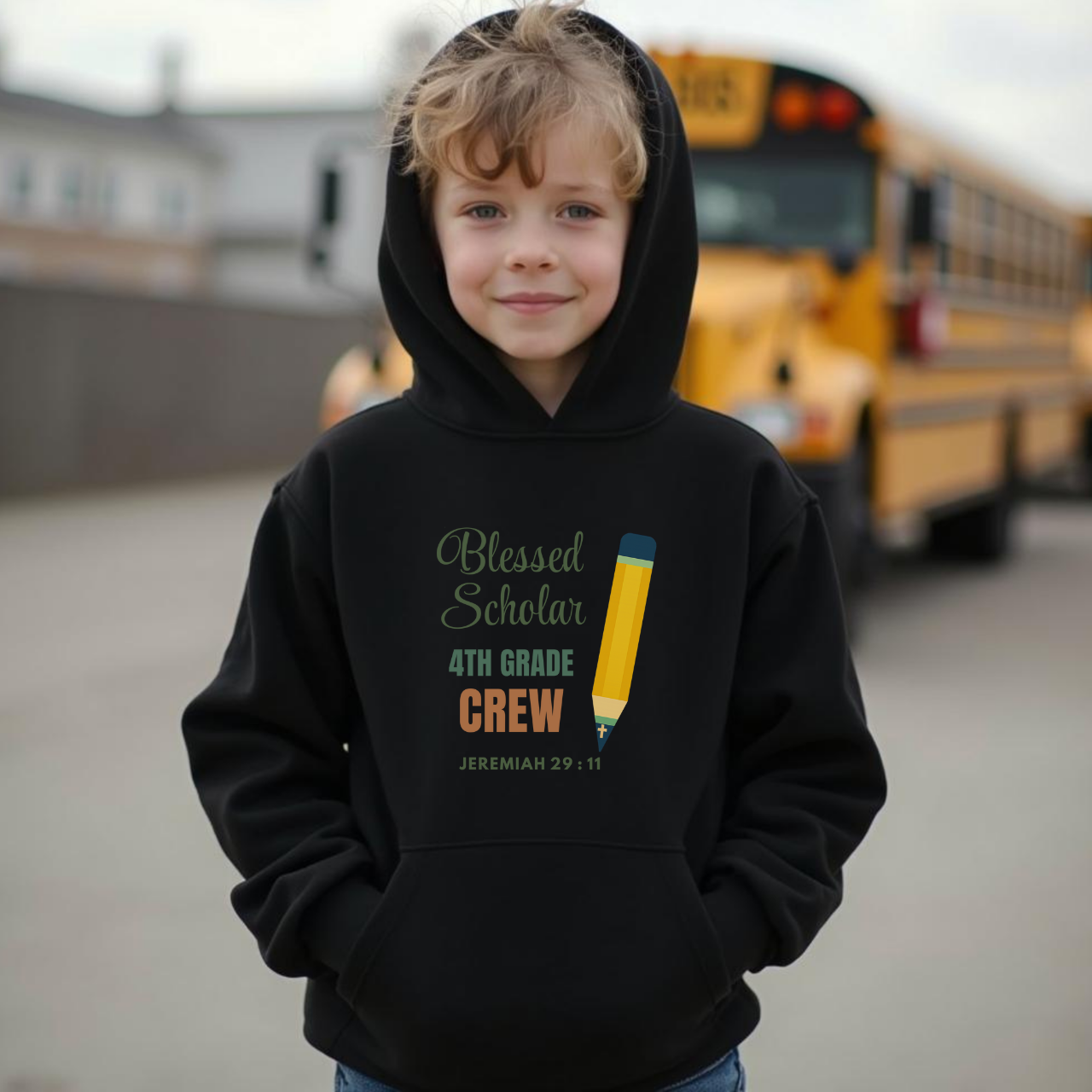 Blessed Scholar 4th Grade Crew Youth Hooded Sweatshirt – Bible Verse Jeremiah 29:11 Christian Back-to-School Pencil Design