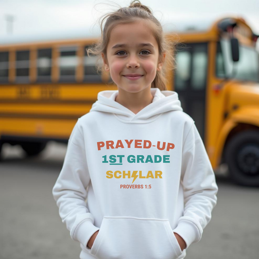Prayed-Up 1st Grade Scholar Youth Hooded Sweatshirt – Bible Verse Proverbs 1:5 Christian Back-to-School Hoodie
