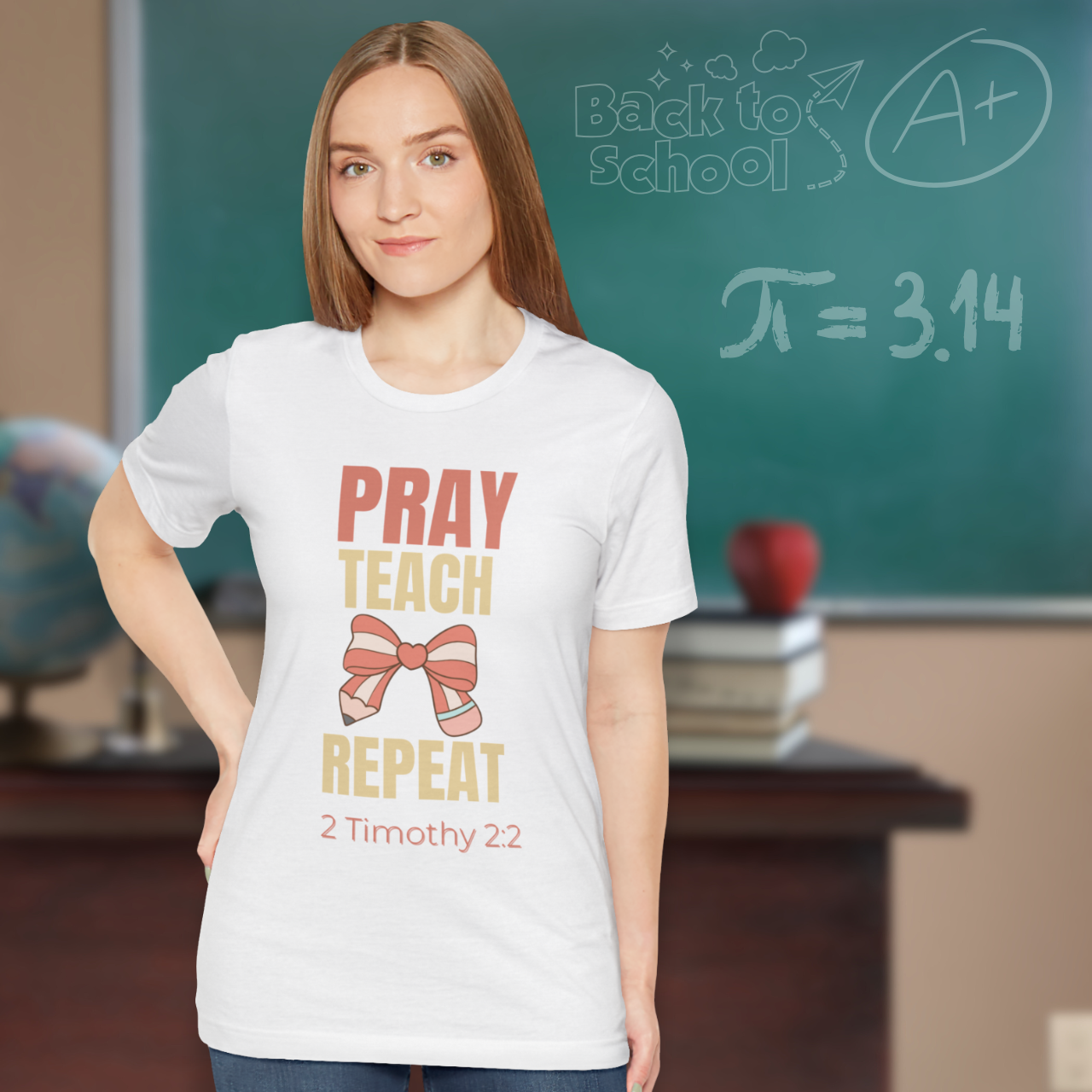 Pray Teach Repeat Coquette Bow (with 2 Timothy 2:2 Bible Verse) Christian Tee— Back-to-School Pastel Pop Pencil