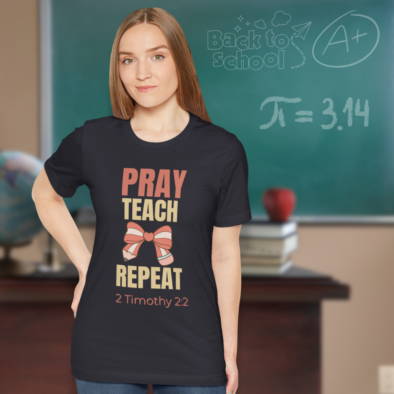 Pray Teach Repeat Coquette Bow (with 2 Timothy 2:2 Bible Verse) Christian Tee— Back-to-School Pastel Pop Pencil