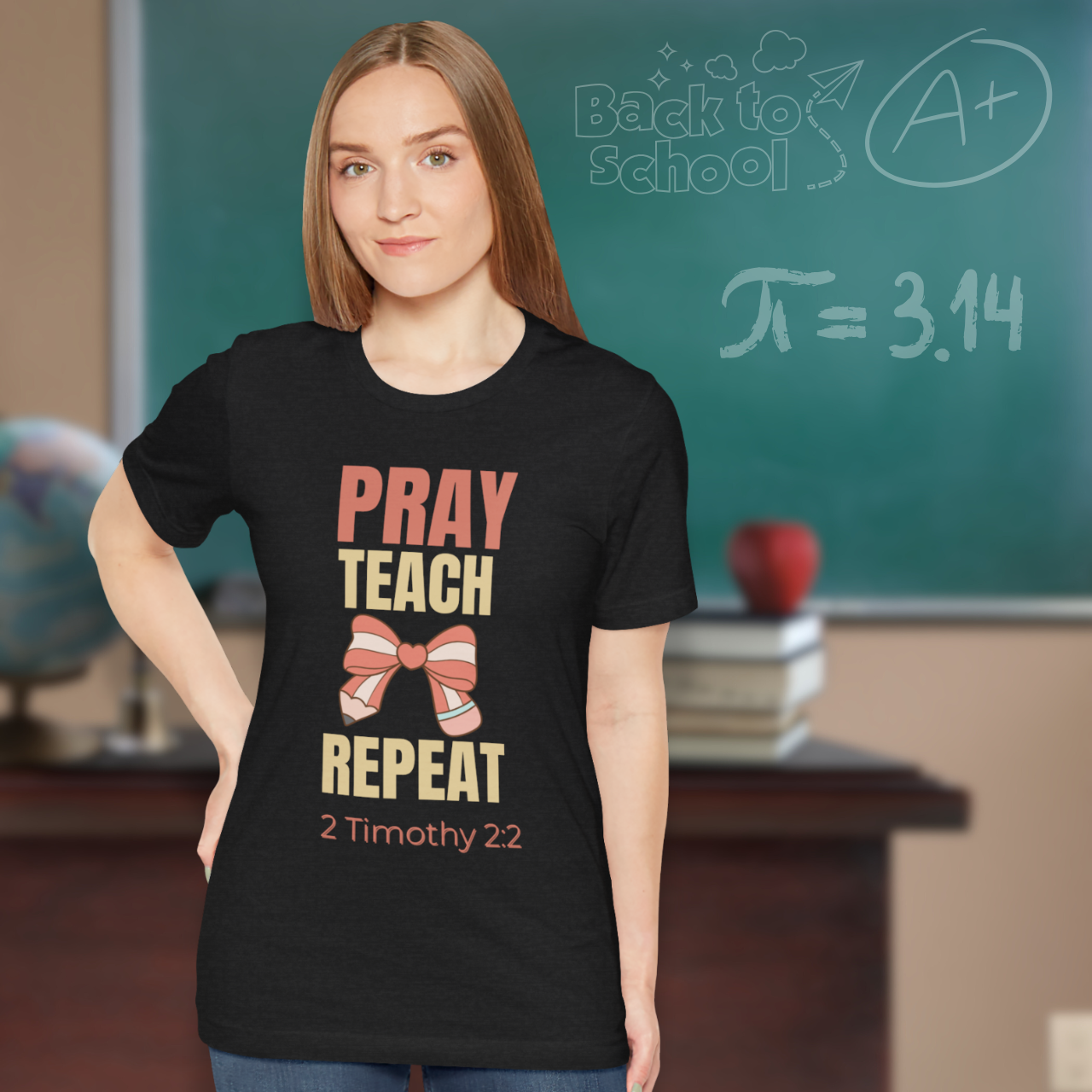Pray Teach Repeat Coquette Bow (with 2 Timothy 2:2 Bible Verse) Christian Tee— Back-to-School Pastel Pop Pencil