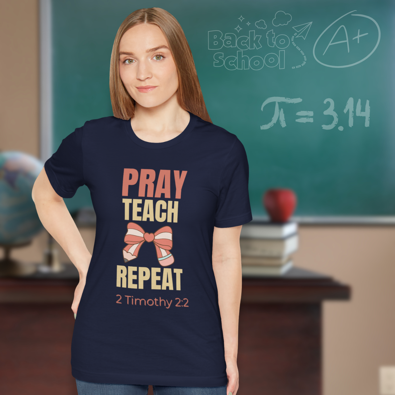 Pray Teach Repeat Coquette Bow (with 2 Timothy 2:2 Bible Verse) Christian Tee— Back-to-School Pastel Pop Pencil