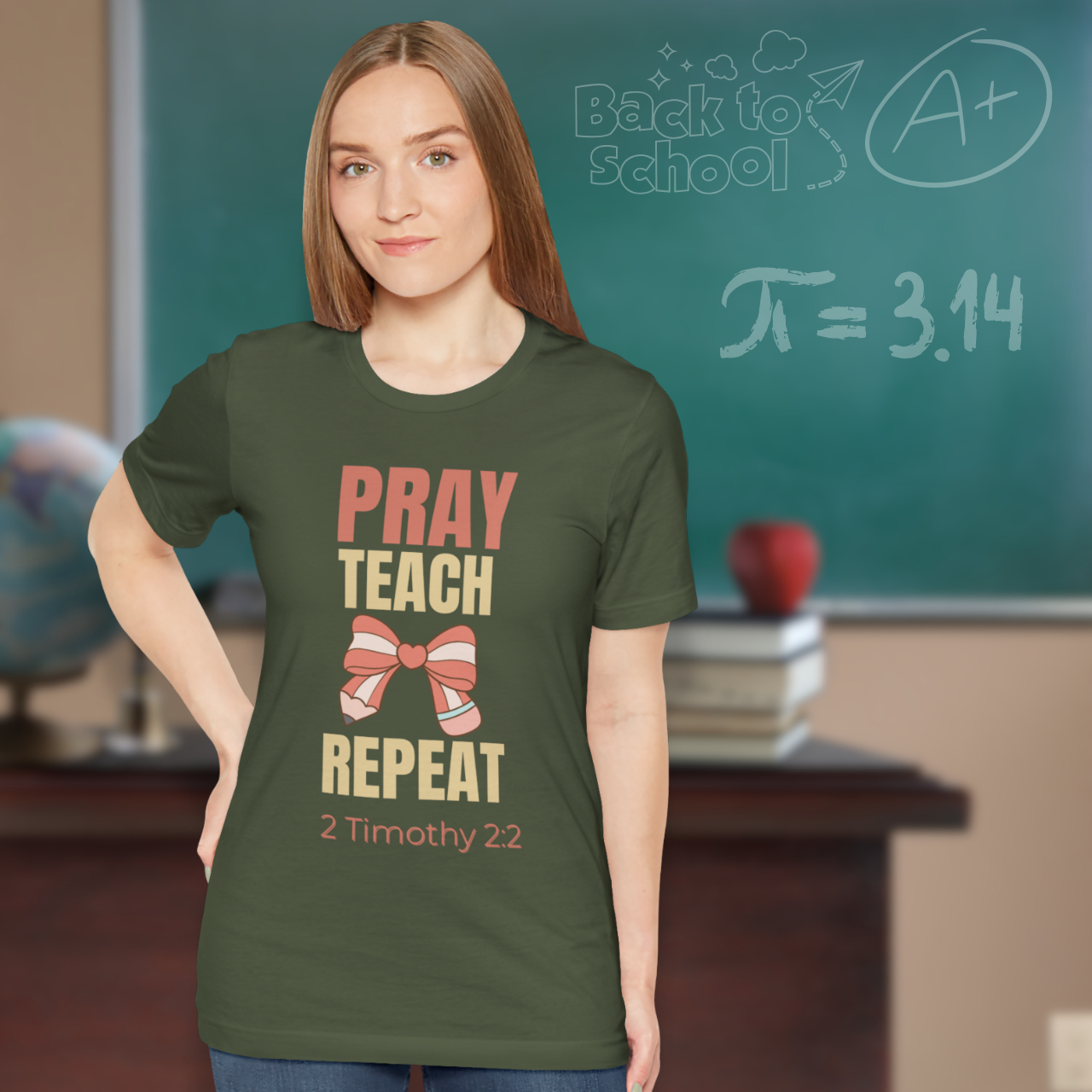 Pray Teach Repeat Coquette Bow (with 2 Timothy 2:2 Bible Verse) Christian Tee— Back-to-School Pastel Pop Pencil