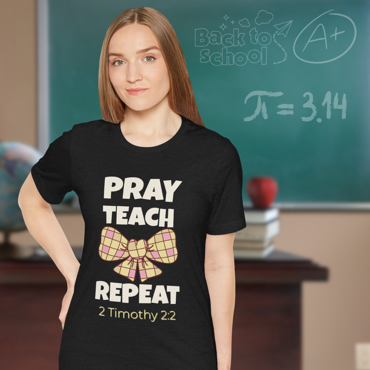 Pray Teach Repeat Coquette Bow (with 2 Timothy 2:2 Bible Verse) Christian Tee — Back-to-School Checkered Bow