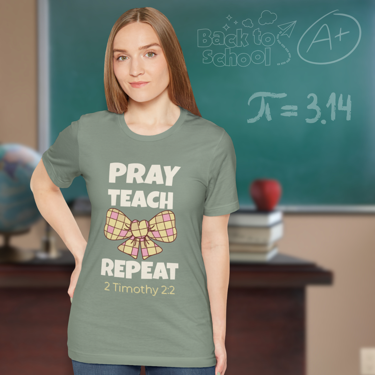 Pray Teach Repeat Coquette Bow (with 2 Timothy 2:2 Bible Verse) Christian Tee — Back-to-School Checkered Bow