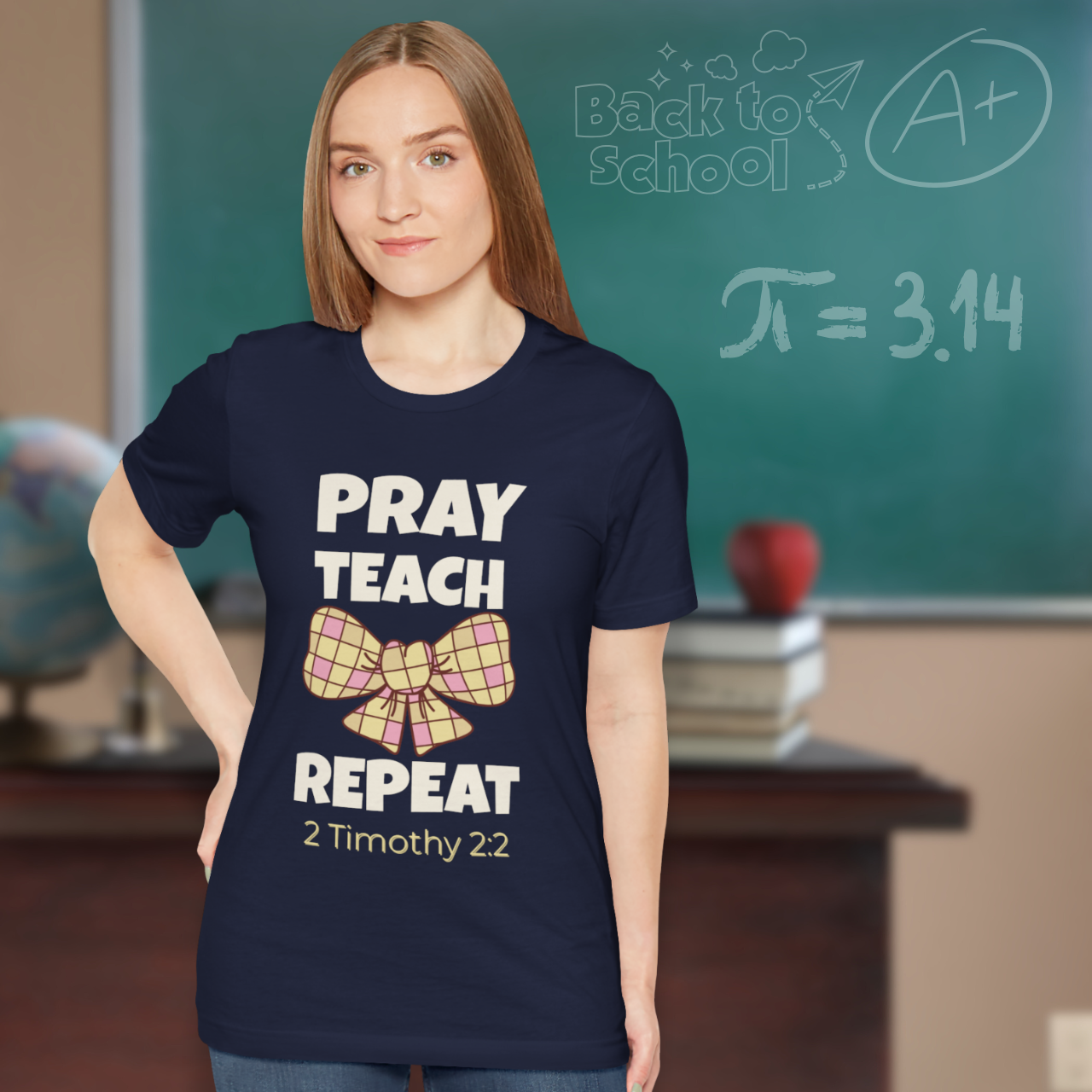 Pray Teach Repeat Coquette Bow (with 2 Timothy 2:2 Bible Verse) Christian Tee — Back-to-School Checkered Bow